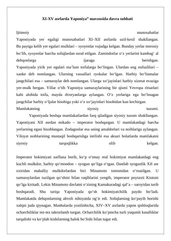 XI-XV asrlarda Yapоniya” mavzusida davra suxbati