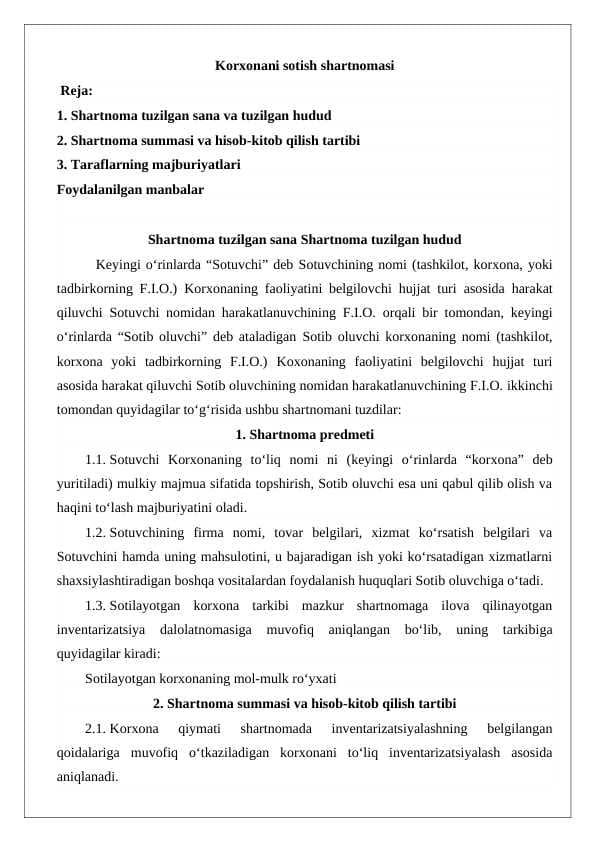 Korxonani sotish shartnomasi