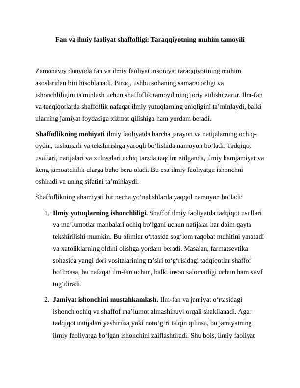 Fan va ilmiy faoliyat shaffofligi ( Taraqqiyotning muhim tamoyili ) Esse