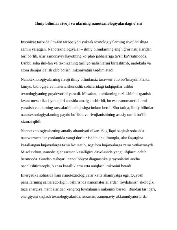Ilmiy bilimlar rivoji va ularning nanotexnologiyalardagi о‘rni 7 Esse