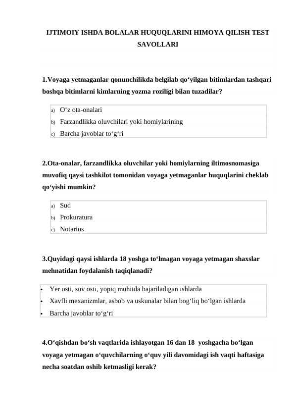 IJTIMOIY ISHDA BOLALAR HUQUQLARINI HIMOYA QILISH TEST SAVOLLARI TEST