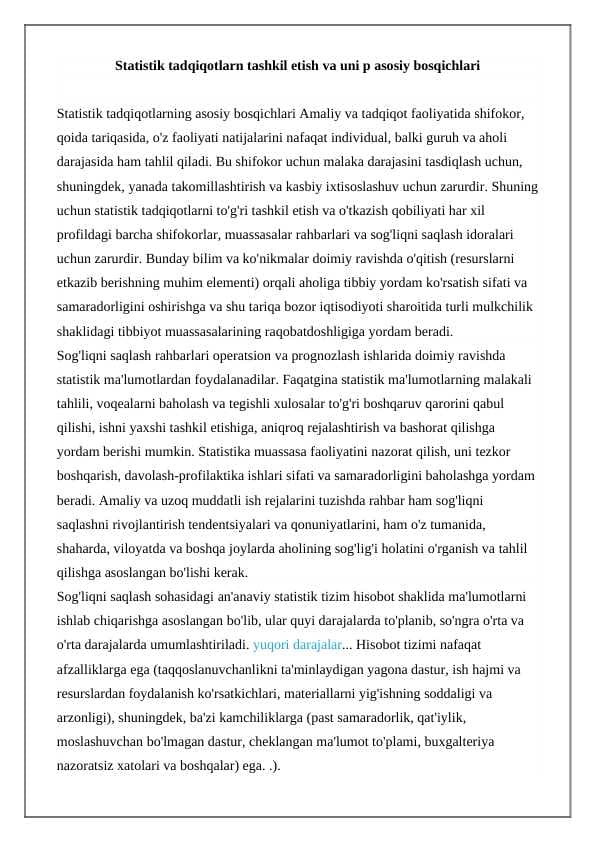 Statistik tadqiqotlarn tashkil etish va uni p asosiy bosqichlari