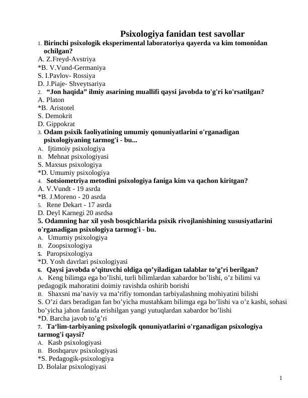Psixologiya fanidan test savollar