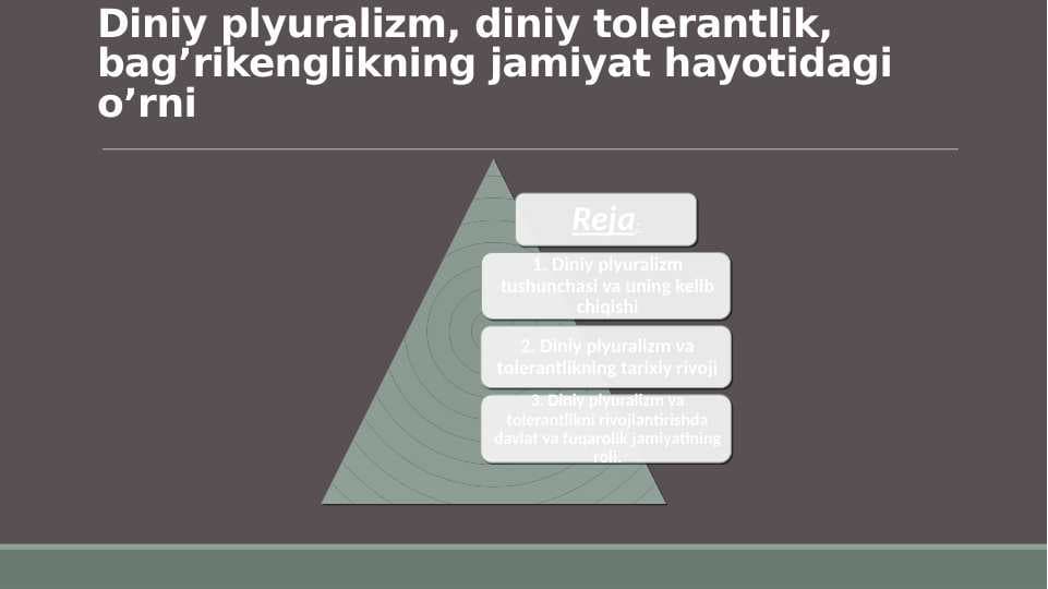 Diniy plyuralizm, diniy tolerantlik, bag’rikenglikning jamiyat hayotidagi o’rni