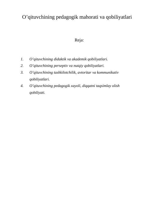 O’qituvchining pedagogik mahorati va qobiliyatlari