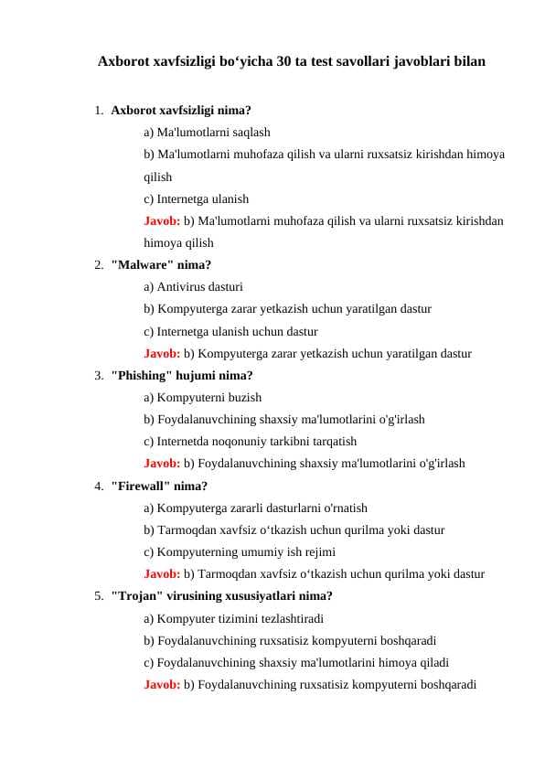 Axborot xavfsizligi boʻyicha 30 ta test savollari javoblari bilan