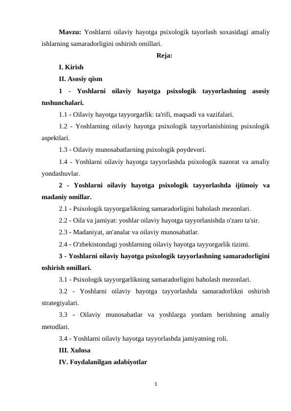 Yoshlarni oilaviy hayotga psixologik tayorlash soxasidagi amaliy ishlarning samaradorligini oshirish omillari