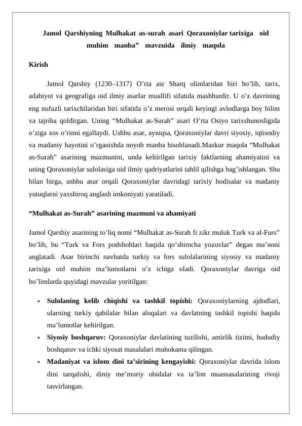 Jamol Qarshiyning Mulhakat as-surah asari Qoraxoniylar tarixiga   oid   muhim   manba”   mavzuida   ilmiy   maqola