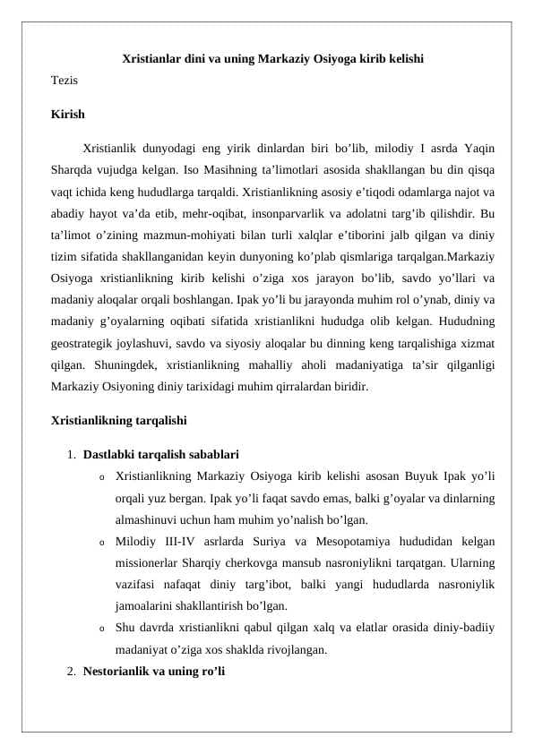 Xristianlar dini va uning Markaziy Osiyoga kirib kelishi.tezis docx