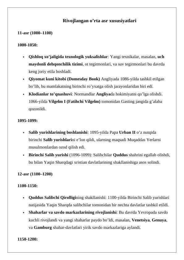 Rivojlangan o'rta asr xususiyatlari 24