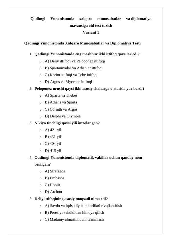 Qadimgi     Yunonistonda     xalqaro     munosabatlar     va diplomatiya  mavzusiga oid test tuzish variant 1
