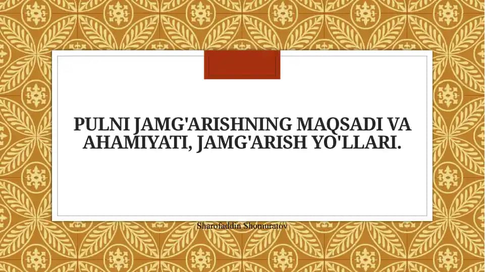 Pulni jamg'arishning maqsadi va ahamiyati, jamg'arish yo'llari.