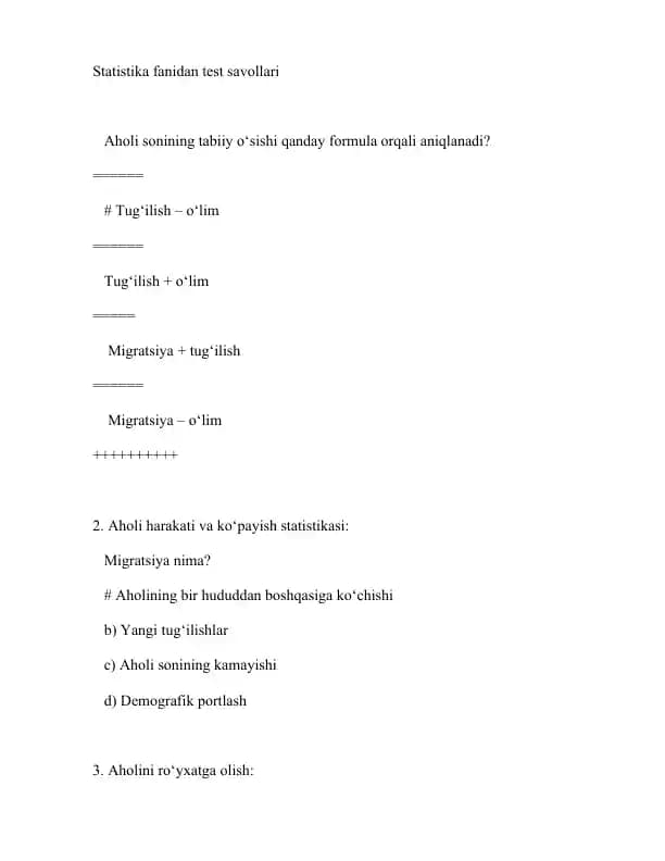 Statistika fanidan test savollari