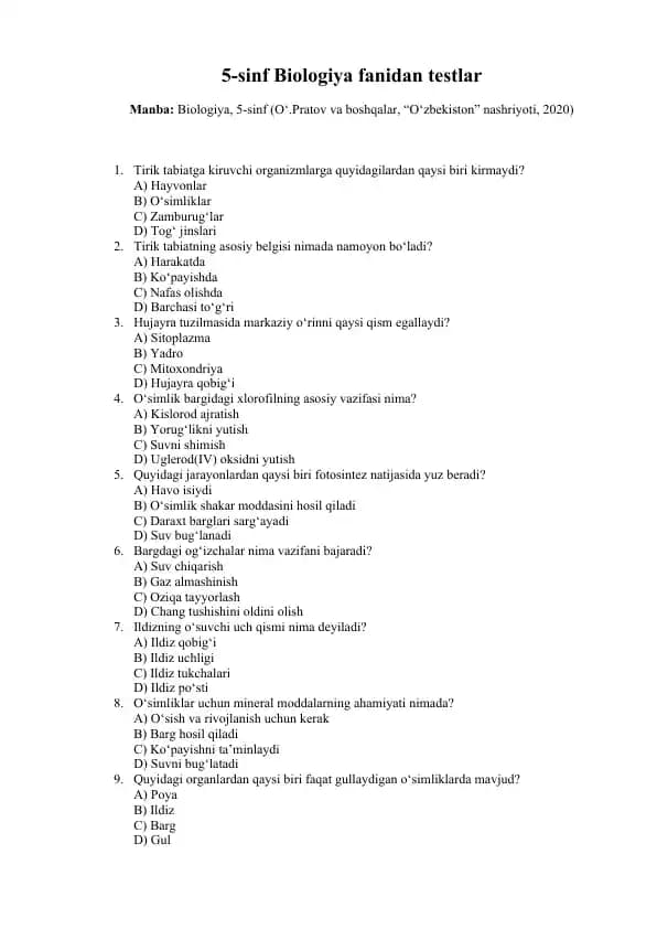 5-sinf darsligi bo'yicha 100talik test (javoblari bilan)