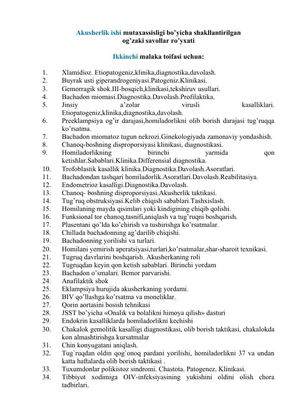 Akusherlik ishi mutaxassisligi bo’yicha shakllantirilgan og’zaki savollar ro’yxati