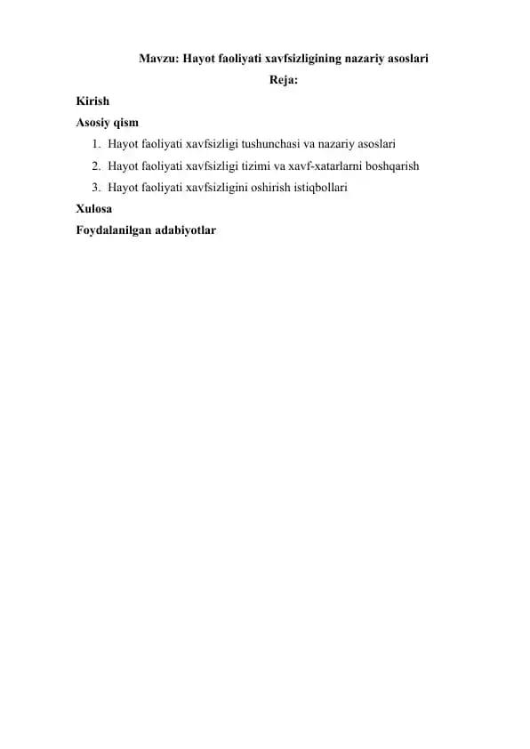 Hayot faoliyati xavfsizligining nazariy asoslari