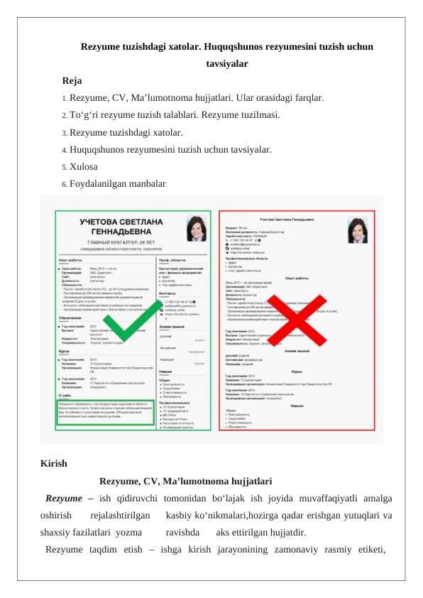 Rezyume tuzishdagi xatolar. Huquqshunos rezyumesini tuzish uchun tavsiyalar 24