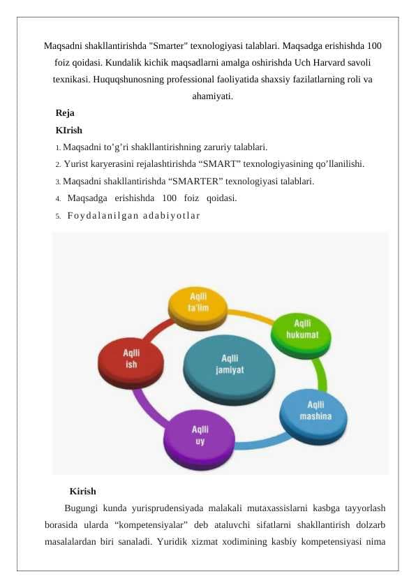 Maqsadni shakllantirishda Smarter texnologiyasi talablari. Maqsadga erishishda