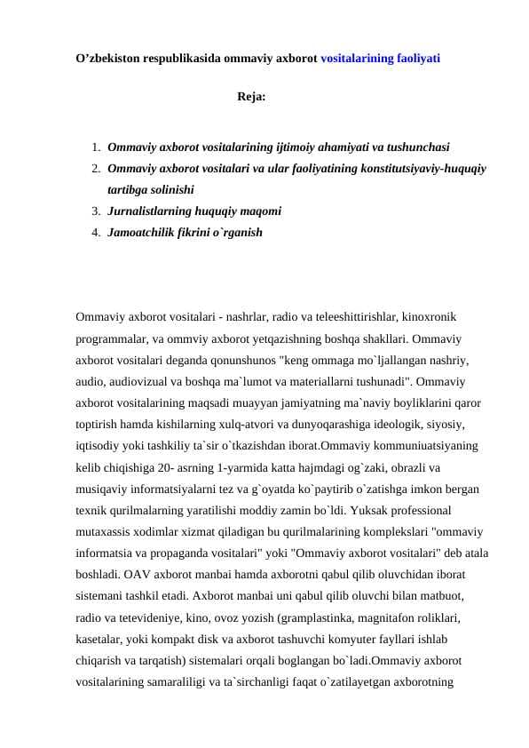 O’zbekiston respublikasida ommaviy axborot vositalarining faoliyati