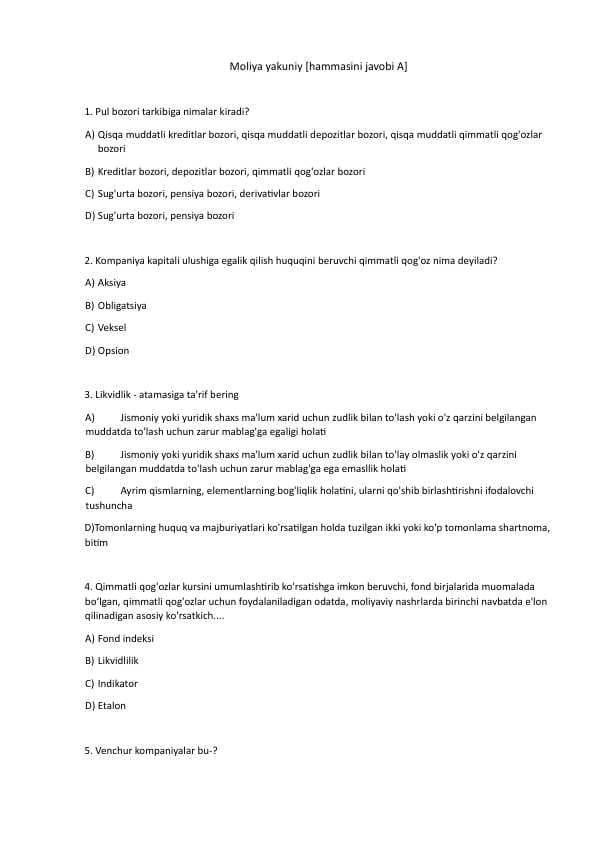 Moliya fanidan test bazasi