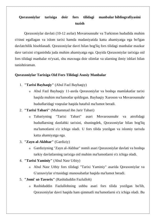 Qoraxoniylar     tarixiga     doir     fors     tilidagi     manbalar bibliografiyasini tuzish