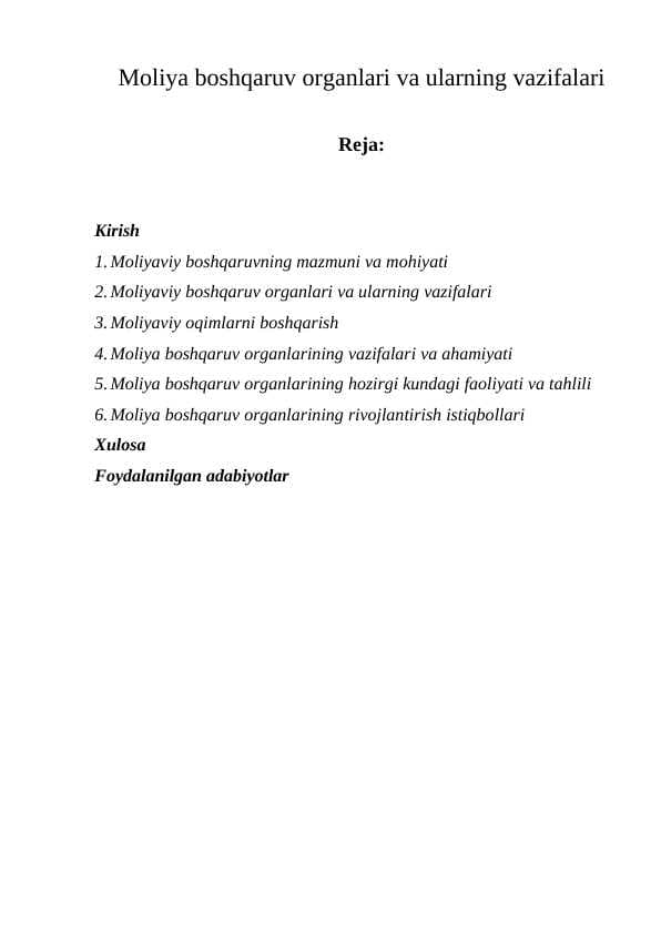 Moliya boshqaruv organlari va ularning vazifalar