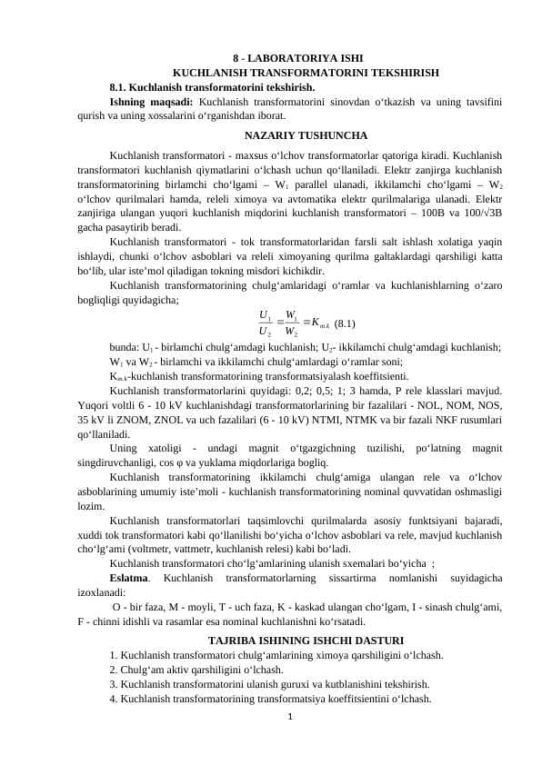 KUCHLANISH TRANSFORMATORINI TEKSHIRISH