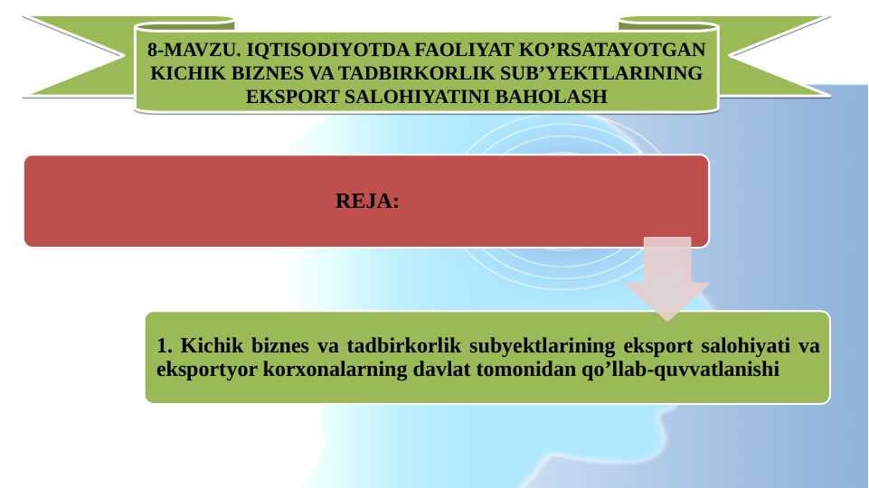 IQTISODIYOTDA FAOLIYAT KO’RSATAYOTGAN KICHIK BIZNES VA TADBIRKORLIK SUB’YEKTLARINING EKSPORT SALOHIYATINI BAHOLASH