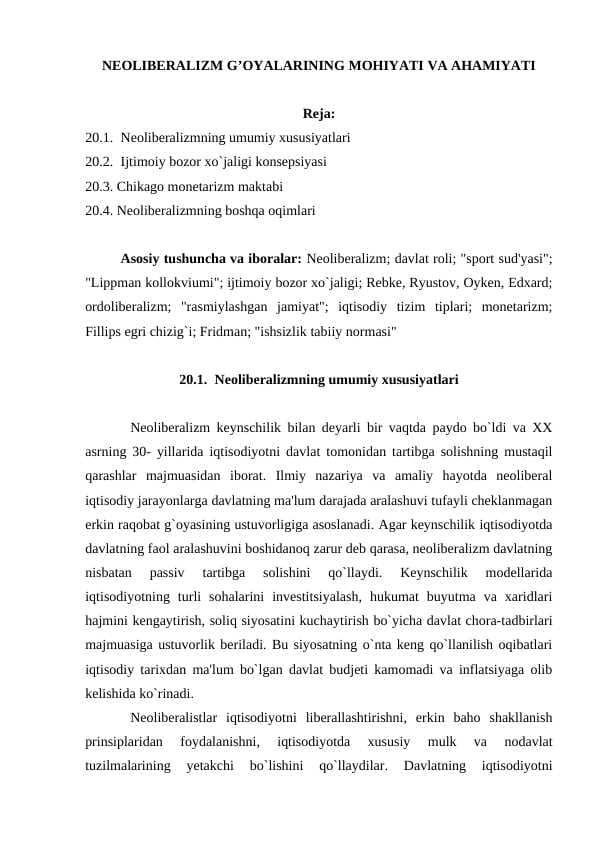 NEOLIBERALIZM G’OYALARINING MOHIYATI VA AHAMIYATI