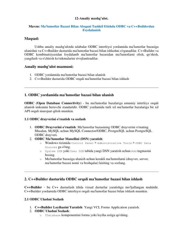 Ma'lumotlar Bazasi Bilan Aloqani Tashkil Etishda ODBC va C++Builderdan Foydalanish