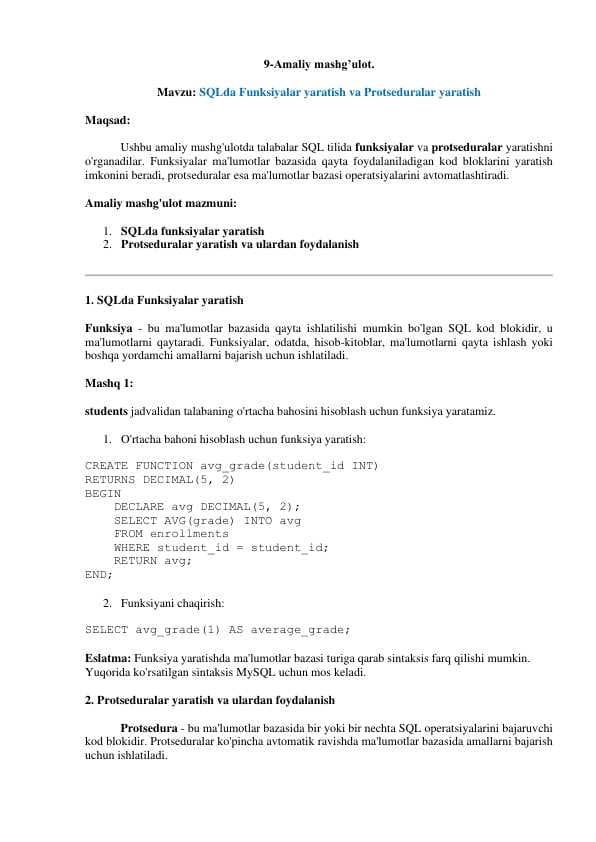 SQLda Funksiyalar yaratish va Protseduralar yaratish
