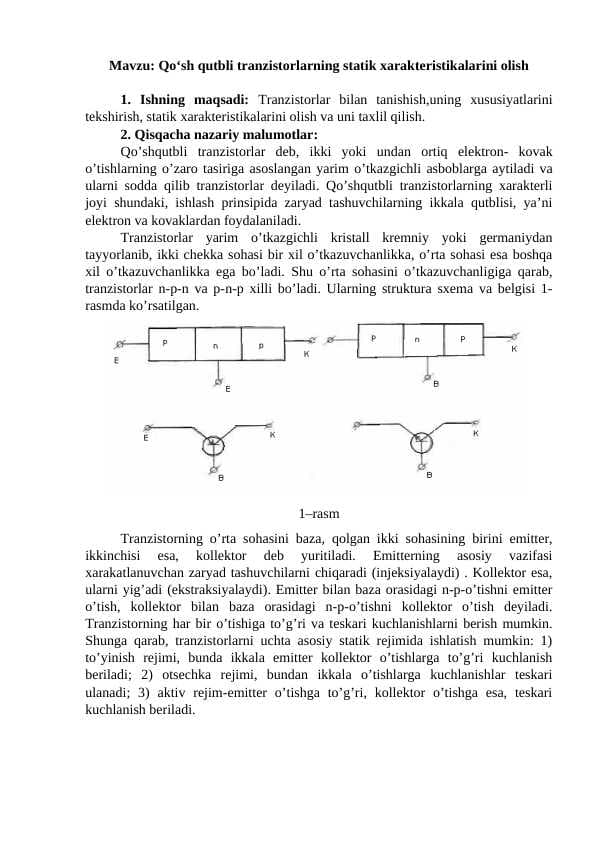 Qo‘sh qutbli trаnzistоrlаrning stаtik хаrаktеristikаlаrini оlish