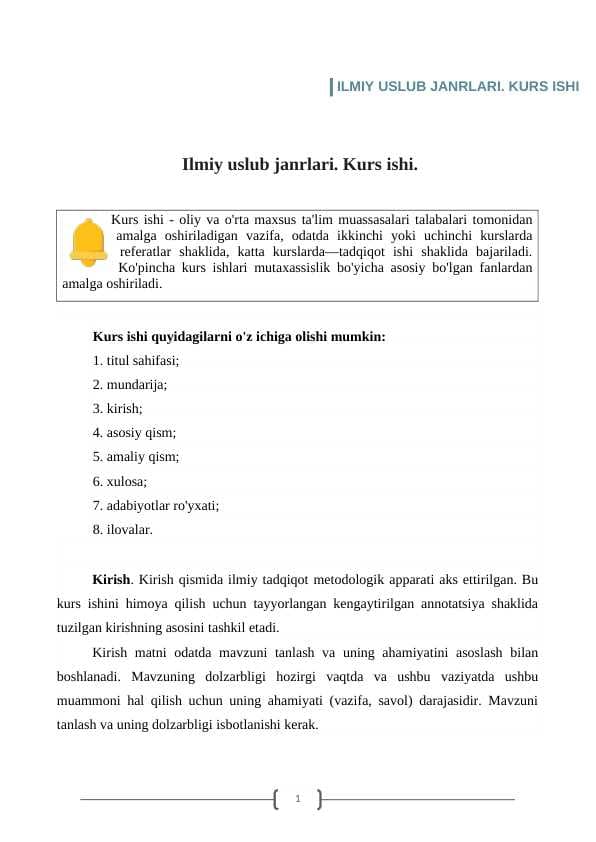 Ilmiy uslub janrlari. Kurs ishi.