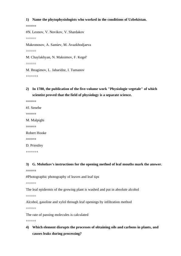 O'simliklar fiziologiyasi.Plant physiology.yakuniy test 200 ta savoli javobi bilan.