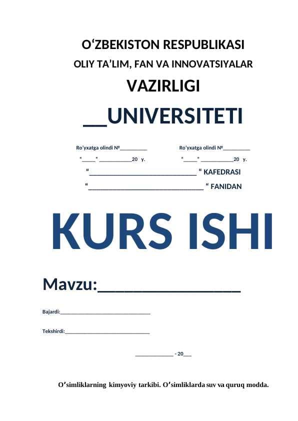 O’simliklarning kimyoviy tarkibi. O’simliklarda suv va quruq modda.
