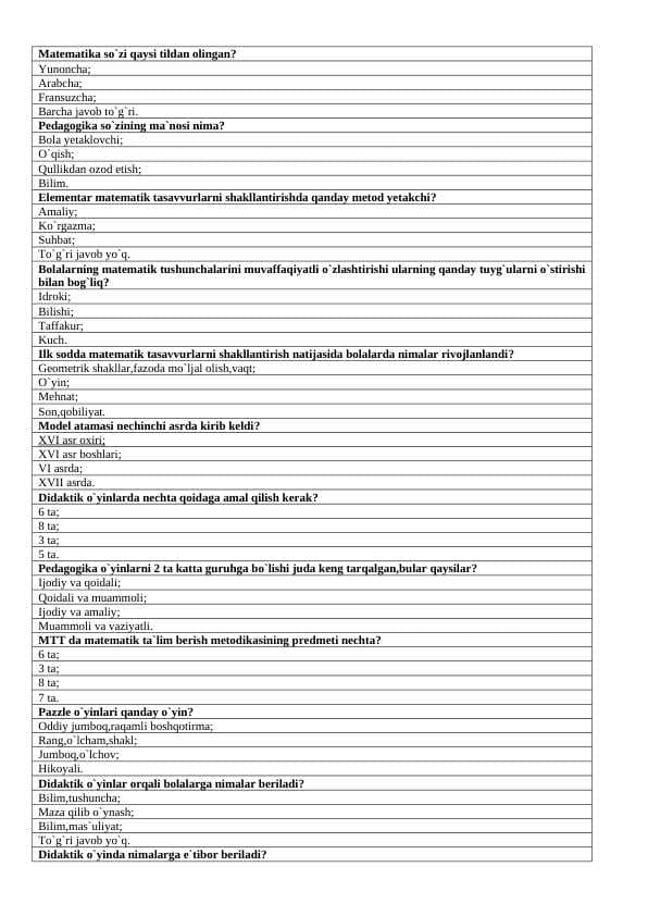 Maktabgacha yoshdagi bolalarning matematik rivojlanishining nazariy asoslari mavzusidan 30 talik test