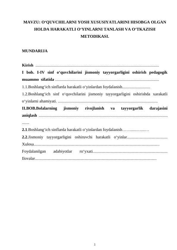 O‘QUVCHILARNI YOSH XUSUSIYATLARINI HISOBGA OLGAN HOLDA HARAKATLI O‘YINLARNI TANLASH VA O‘TKAZISH