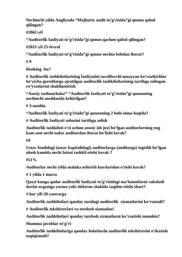 Audit 200 ga yaqin test javobi bilan