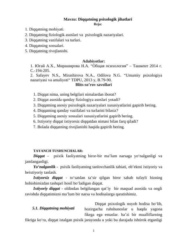 Diqqatning psixologik jihatlari