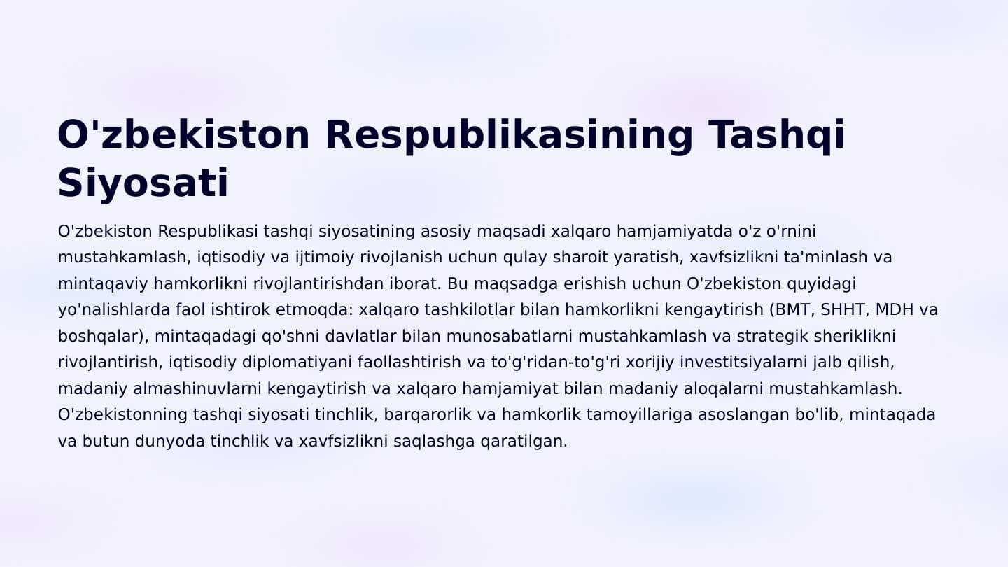 O'zbekiston Respublikasining Tashqi Siyosati