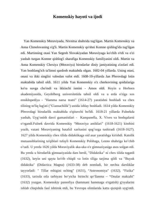 Y.A.Komenskiyning hayot yo'li va ijodi