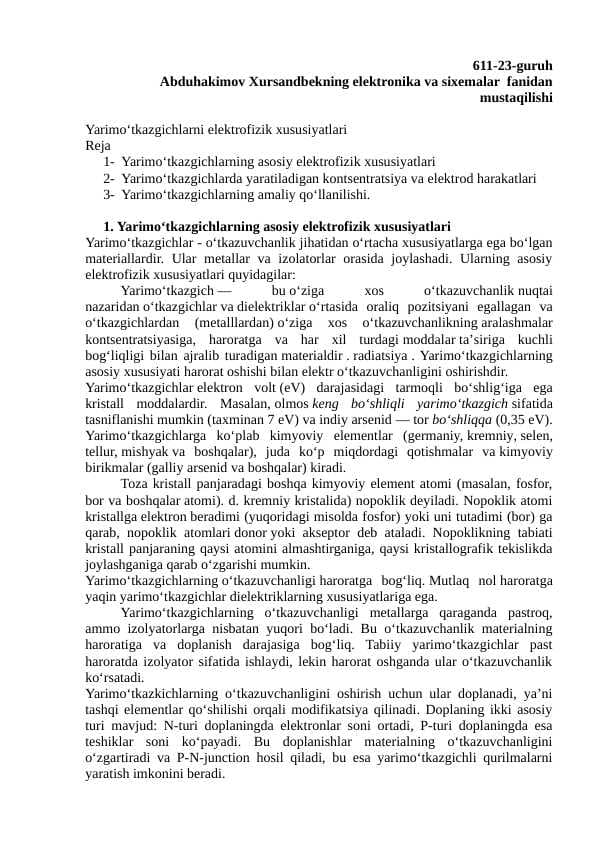 Yarimo‘tkazgichlarni elektrofizik xususiyatlari