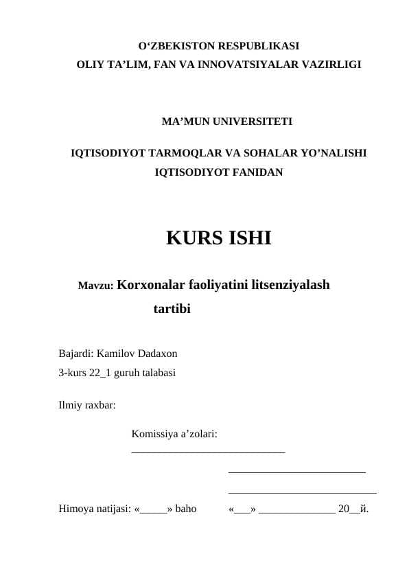Korxonalar faoliyatini litsenziyalash