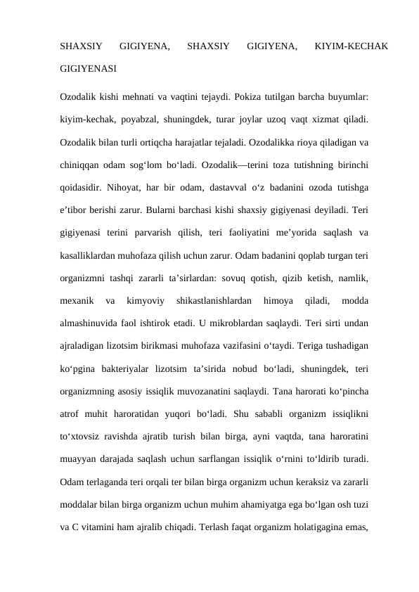 SHAXSIY GIGIYENA, SHAXSIY GIGIYENA, KIYIM-KECHAK GIGIYENASI