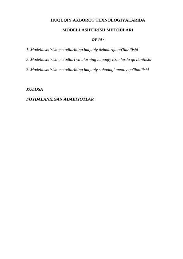 HUQUQIY AXBOROT TEXNOLOGIYALARIDA MODELLASHTIRISH METODLARI