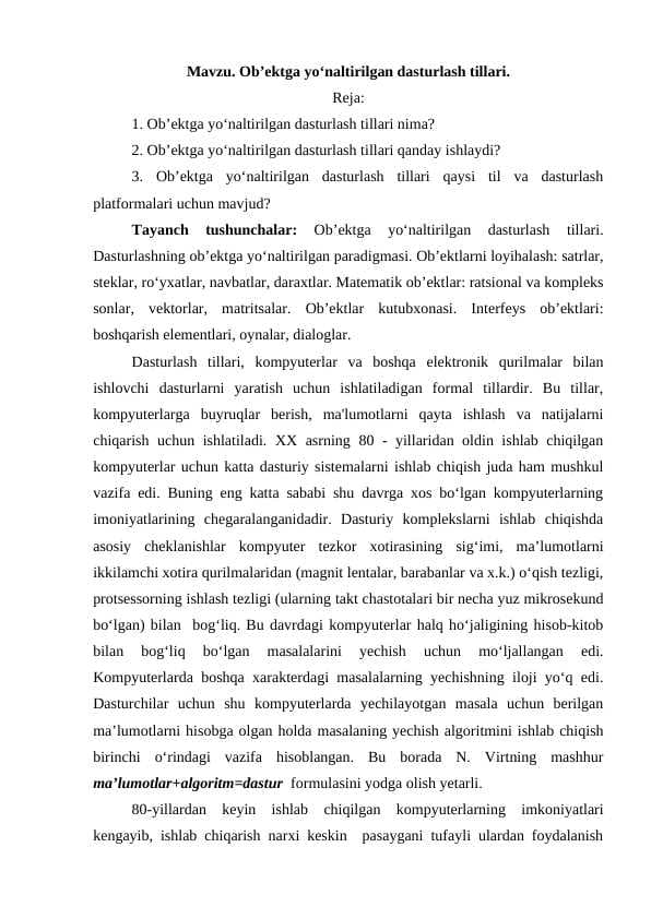 Оb’ektgа yо‘nаltirilgаn dаsturlаsh tillаri
