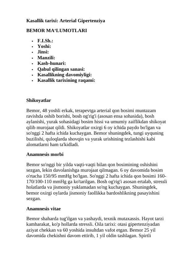 Arterial gipertenziya. Kasallik tarixi