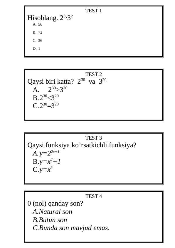 Ko'rsatkichli funksiya test