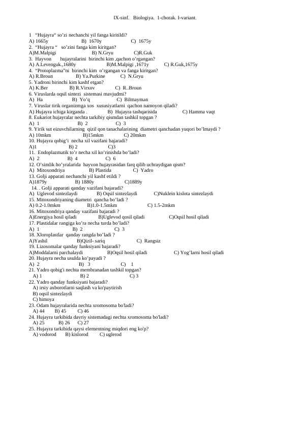 BIOLOGIYA TEST