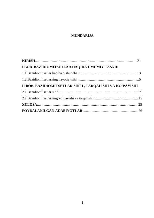 BAZIDIOMITSETLAR HAQIDA UMUMIY TASNIF